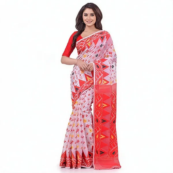 White_Red_Cotton_Woven_Dhakai_Jamdani_Floral_Saree_For_Women