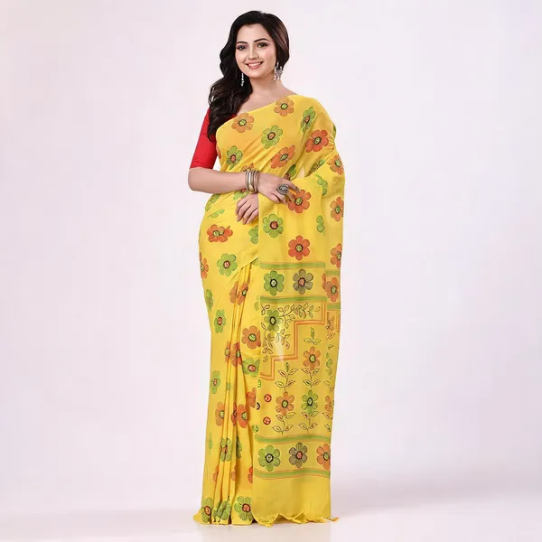 Yellow_Cotton_Printed_Floral_Saree_For_Women