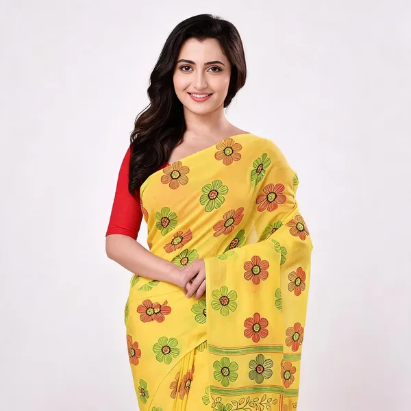 Yellow_Cotton_Printed_Floral_Saree_For_Women