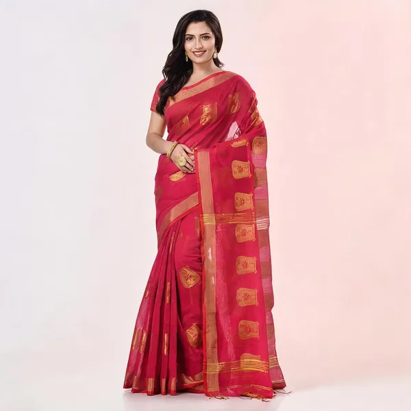 Pink_Cotton_Blend_Handloom_Bengal_Tant_Saree_For_Women