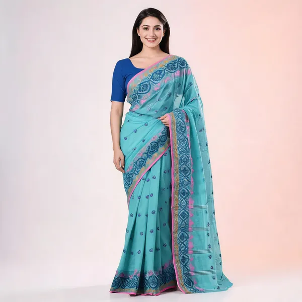 Firoza_Cotton_Handloom_Tri_Leaf_Woven_Bengal_Tant_Saree_For_Women