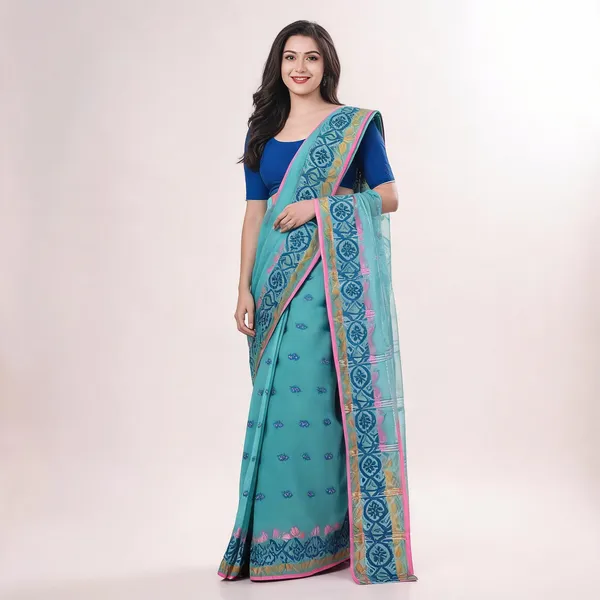 Firoza_Cotton_Handloom_Tri_Leaf_Woven_Bengal_Tant_Saree_For_Women