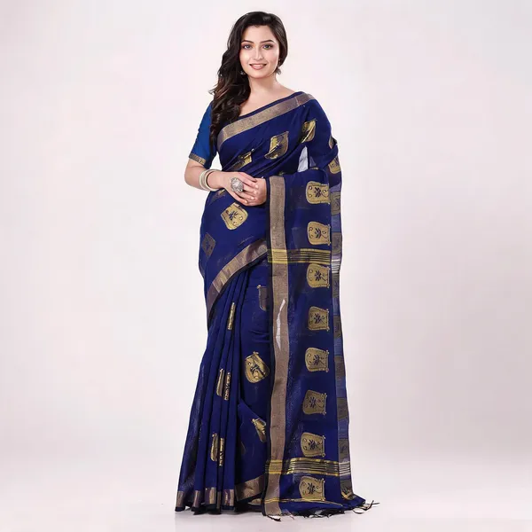 Blue_Cotton_Blend_Handloom_Bengal_Tant_Saree_For_Women