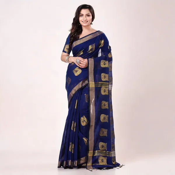 Blue_Cotton_Blend_Handloom_Bengal_Tant_Saree_For_Women