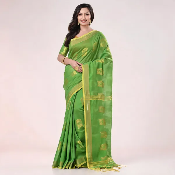 Green_Cotton_Blend_Handloom_Bengal_Tant_Saree_For_Women