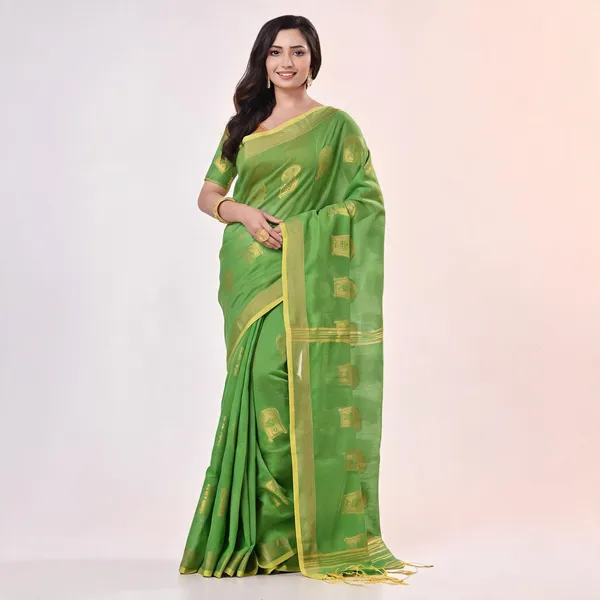 Green_Cotton_Blend_Handloom_Bengal_Tant_Saree_For_Women