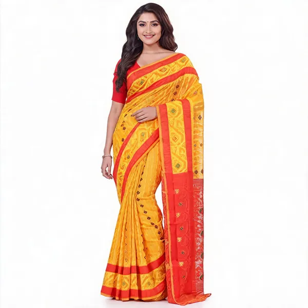 Yellow_Red_Cotton_Woven_Dhakai_Jamdani_Handloom_Saree_For_Women