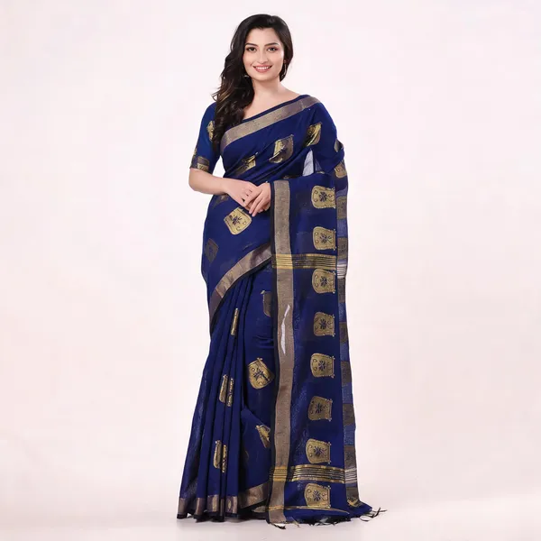Blue_Cotton_Blend_Handloom_Bengal_Tant_Silk_Saree_For_Women
