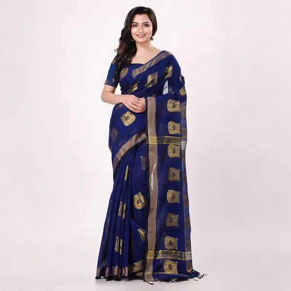 Blue_Cotton_Blend_Handloom_Bengal_Tant_Silk_Saree_For_Women