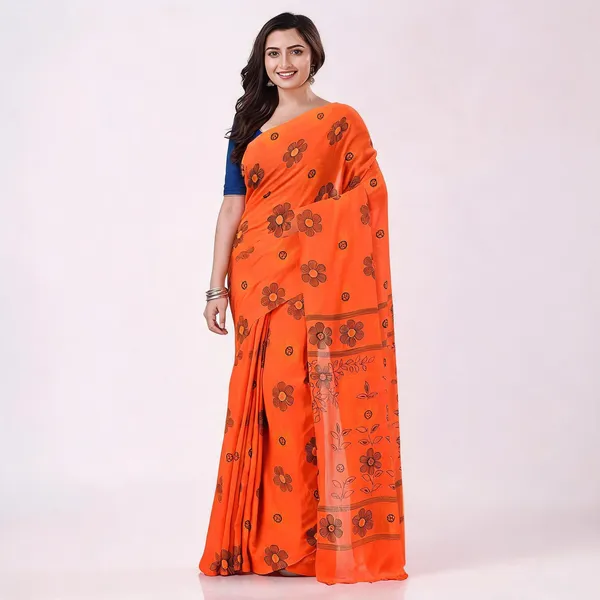 Orange_Cotton_Handloom_Printed_Saree_For_Women