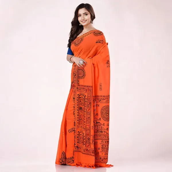 Orange_Cotton_Handloom_Saree_With_Blouse_Piece_For_Women