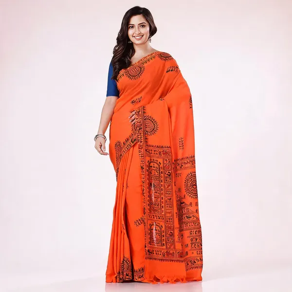 Orange_Cotton_Handloom_Saree_With_Blouse_Piece_For_Women