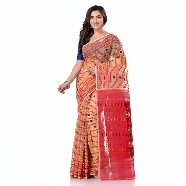Cream_Red_Cotton_Blend_Dhakai_Jamdani_Handloom_Saree_For_Women