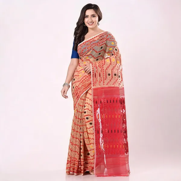 Cream_Red_Cotton_Blend_Dhakai_Jamdani_Handloom_Saree_For_Women