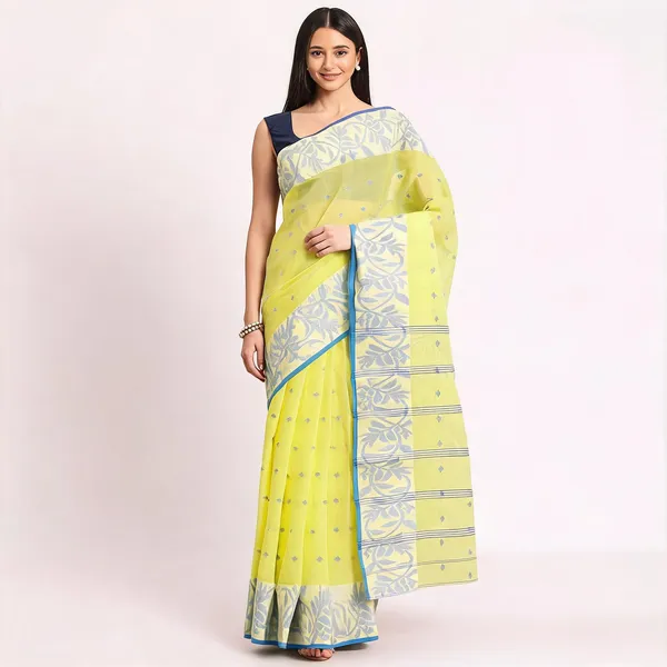 Yellow_Cotton_Floral_Handloom_Tant_Saree_For_Women