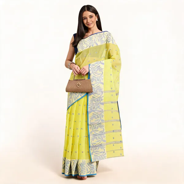 Yellow_Cotton_Floral_Handloom_Tant_Saree_For_Women