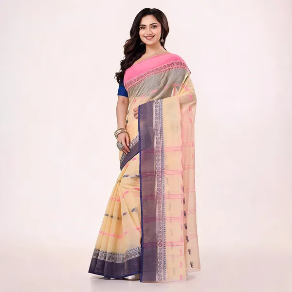 Cream_Cotton_Handloom_Tant_Triveni_Woven_Saree_For_Women