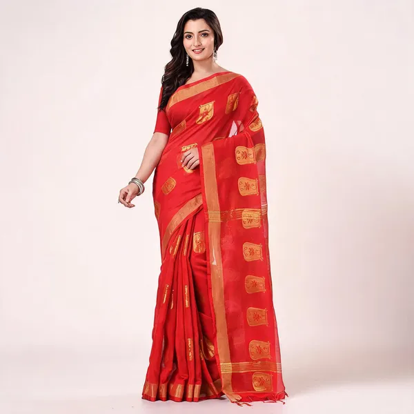 Red_Cotton_Handloom_Bengal_Tant_Saree_For_Women