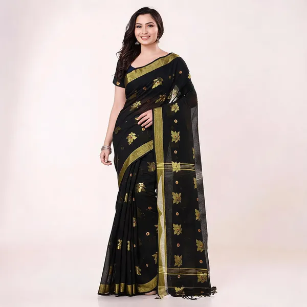 Black_Cotton_Handloom_Floral_Bengal_Tant_Saree_With_Blouse_For_Women