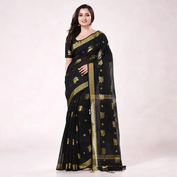 Black_Cotton_Handloom_Floral_Bengal_Tant_Saree_With_Blouse_For_Women