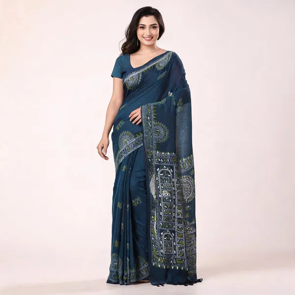 Prussian_Blue_Cotton_Woven_Floral_Saree_With_Blouse_Piece_For_Women