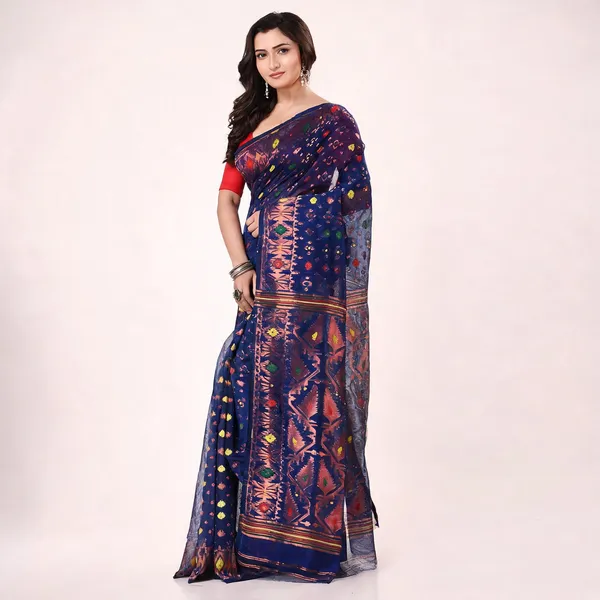 Deep_Blue_Cotton_Blend_Handloom_Woven_Tant_Saree_With_Blouse_For_Women