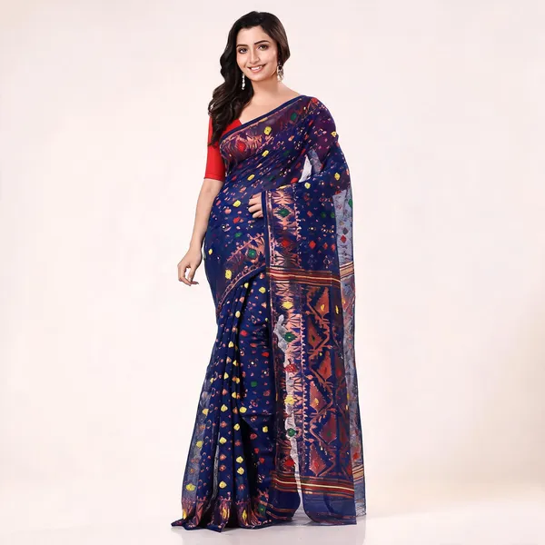 Deep_Blue_Cotton_Blend_Handloom_Woven_Tant_Saree_With_Blouse_For_Women