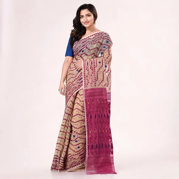 Cream_Jam_Cotton_Blend_Jamdani_Handloom_Woven_Saree_For_Women