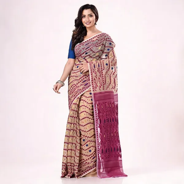 Cream_Jam_Cotton_Blend_Jamdani_Handloom_Woven_Saree_For_Women