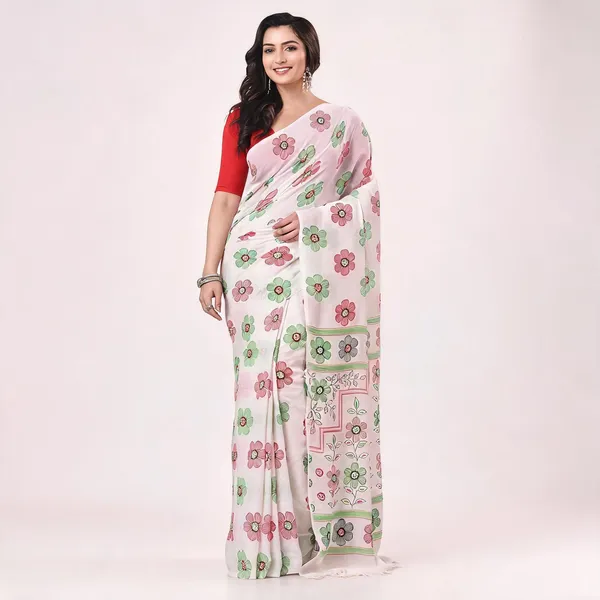 White_Cotton_Handloom_Printed_Saree_For_Women