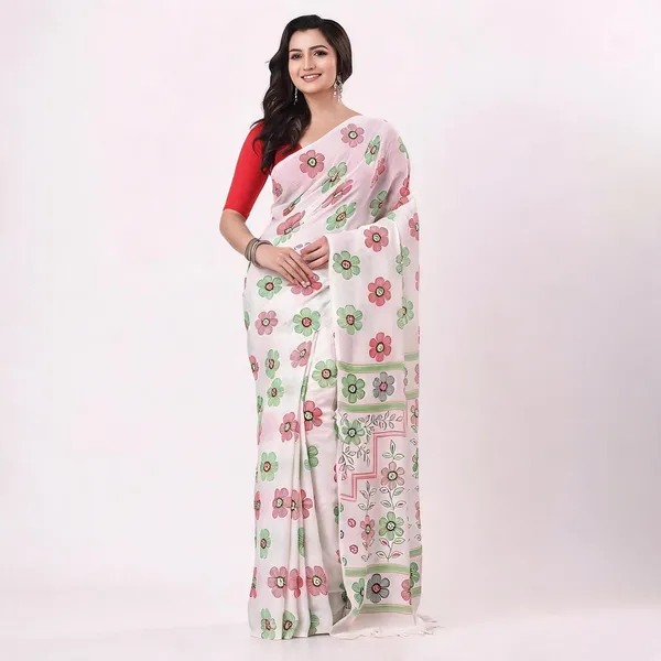 White_Cotton_Handloom_Printed_Saree_For_Women