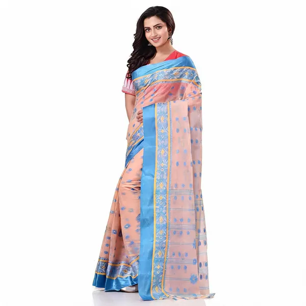 Red_White_Blue_Cotton_Handloom_Phulkoli_Woven_Saree_With_Blouse_For_Women