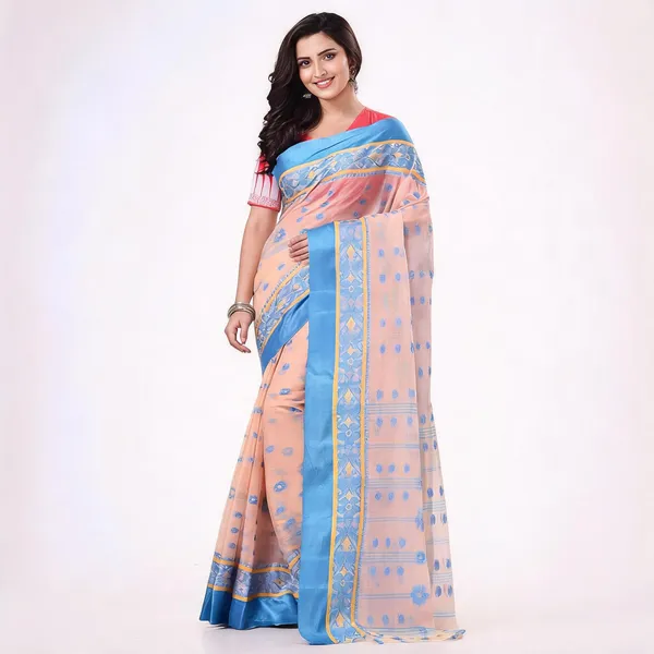 Red_White_Blue_Cotton_Handloom_Phulkoli_Woven_Saree_With_Blouse_For_Women