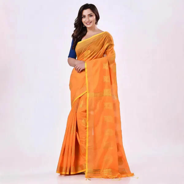 Yellow_Cotton_Handloom_Printed_Tant_Silk_Saree_For_Women