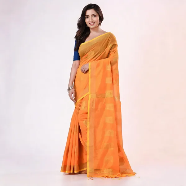 Yellow_Cotton_Handloom_Printed_Tant_Silk_Saree_For_Women
