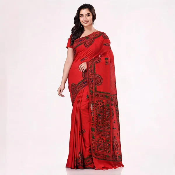 Red_Cotton_Handloom_Woven_Saree_With_Blouse_Piece_For_Women