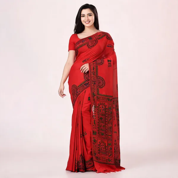 Red_Cotton_Handloom_Woven_Saree_With_Blouse_Piece_For_Women