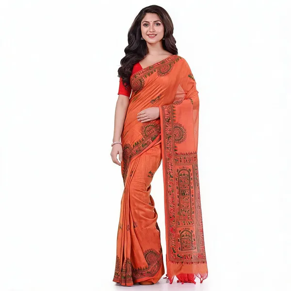 Tan_Orange_Cotton_Handloom_Woven_Saree_With_Blouse_Piece_For_Women