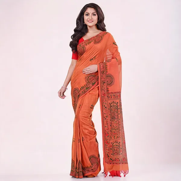 Tan_Orange_Cotton_Handloom_Woven_Saree_With_Blouse_Piece_For_Women