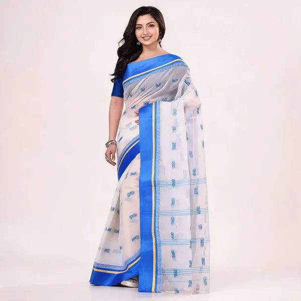 Blue_White_Cotton_Handloom_Woven_Saree_With_Blouse_For_Women