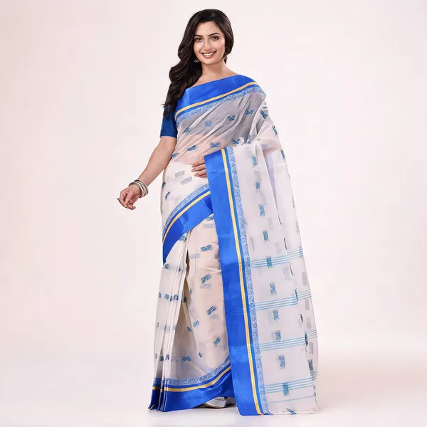 Blue_White_Cotton_Handloom_Woven_Saree_With_Blouse_For_Women