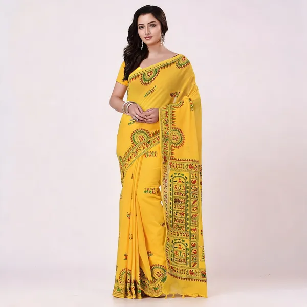 Yellow_Cotton_Floral_Woven_Saree_With_Blouse_Piece_For_Women