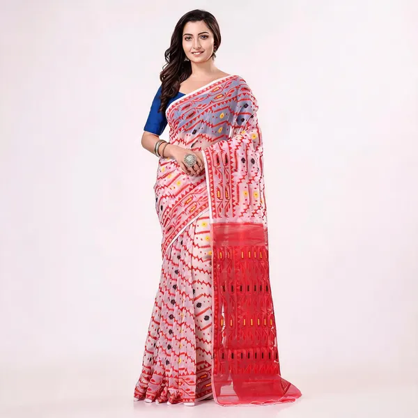 White_Red_Cotton_Jamdani_Bengal_Handloom_Woven_Saree_For_Women