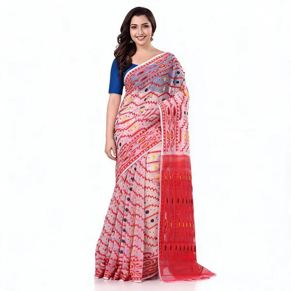 White_Red_Cotton_Jamdani_Bengal_Handloom_Woven_Saree_For_Women