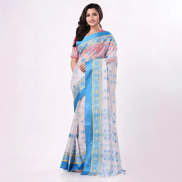 White_Blue_Cotton_Handloom_Phulkoli_Woven_Saree_For_Women