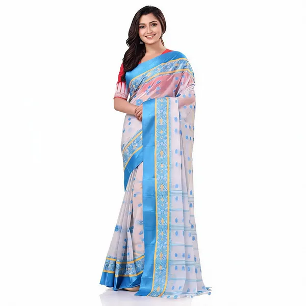 White_Blue_Cotton_Handloom_Phulkoli_Woven_Saree_For_Women