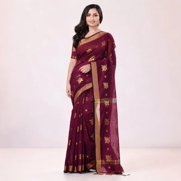 Wine_Cotton_Silk_Handloom_Floral_Saree_For_Women
