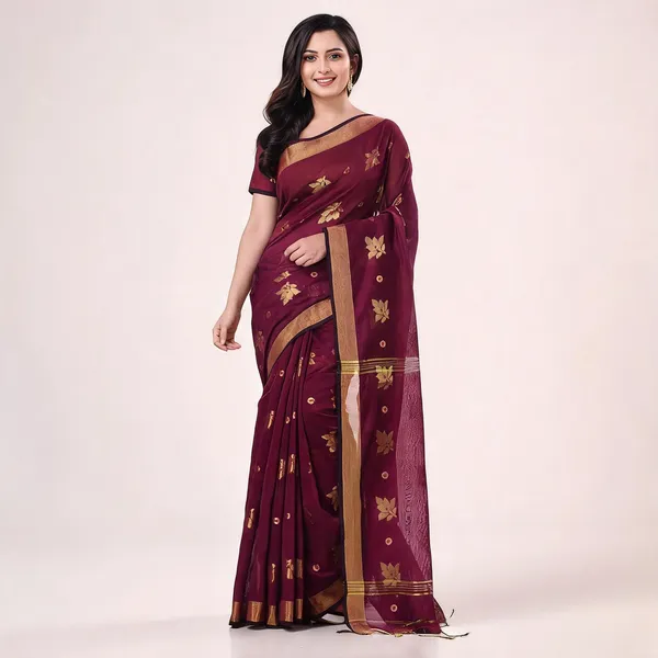 Wine_Cotton_Silk_Handloom_Floral_Saree_For_Women