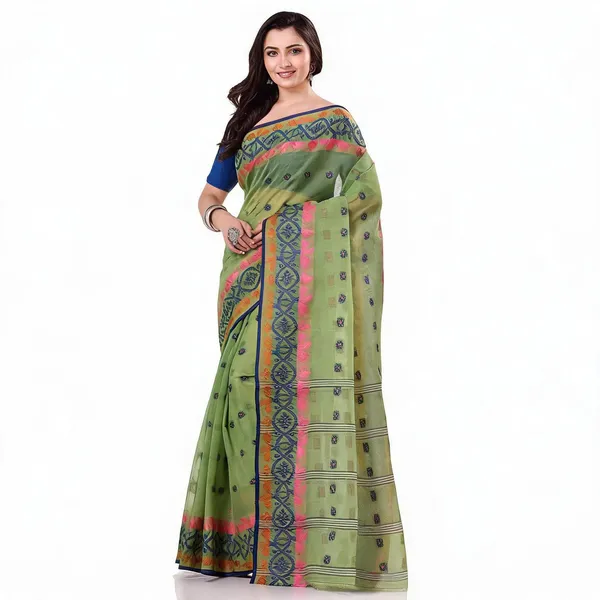 Green_Cotton_Handloom_Tri_Leaf_Woven_Bengal_Tant_Saree_For_Women