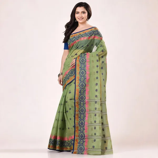 Green_Cotton_Handloom_Tri_Leaf_Woven_Bengal_Tant_Saree_For_Women